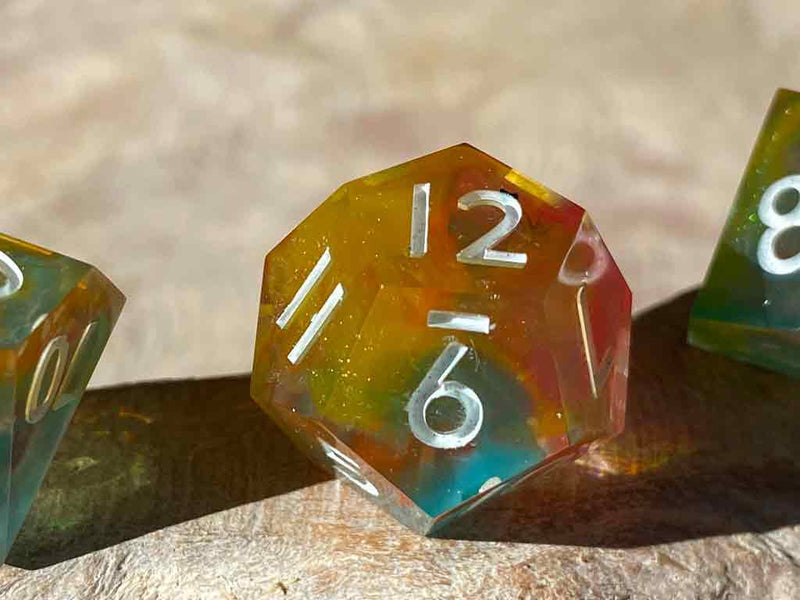 Rainbow Swirl New Zealand Made Handcrafted Dice Set by Tui Dice - Bea DnD Games