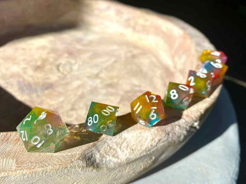 Rainbow Swirl New Zealand Made Handcrafted Dice Set by Tui Dice - Bea DnD Games