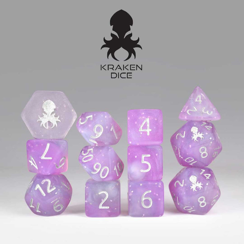 Raspberry Fizz - 12 Piece Dice Set by Kraken Dice + Dice Bag - Bea DnD Games