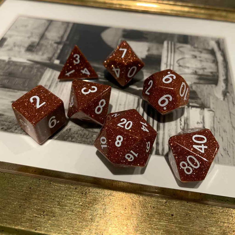 Remnants of the Gods Handcrafted Goldstone Dice Set & Dice Case - Bea DnD Games