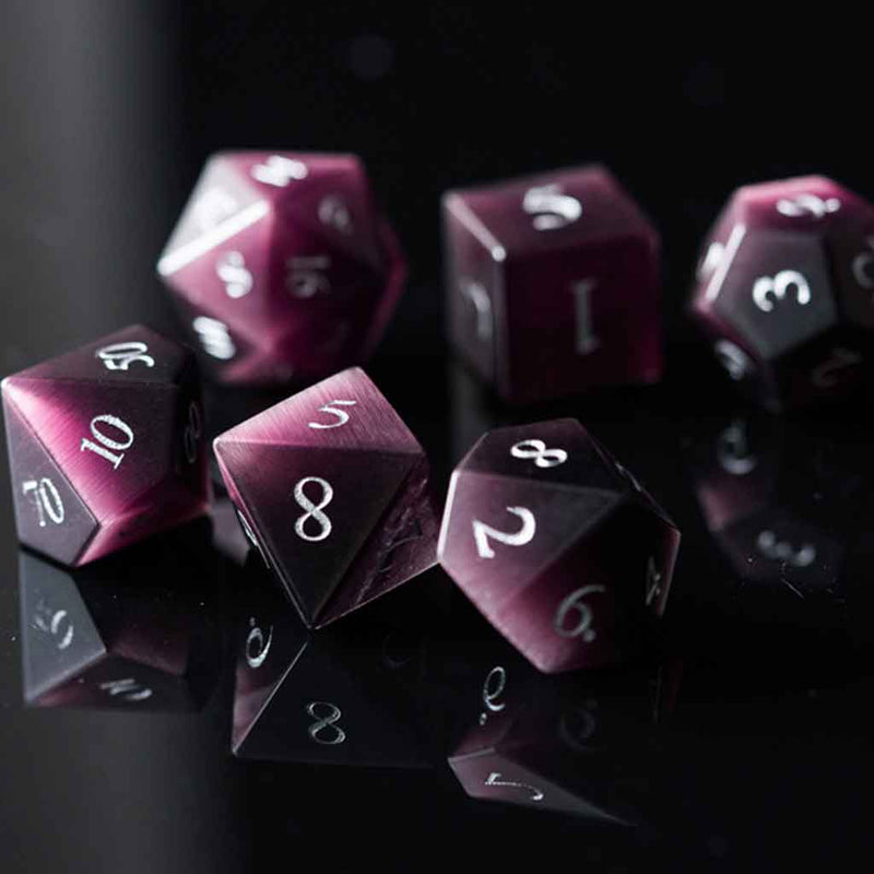 Rogues Dream - Purple Cats Eye Gemstone Dice Set & Dice Case - Bea DnD Games