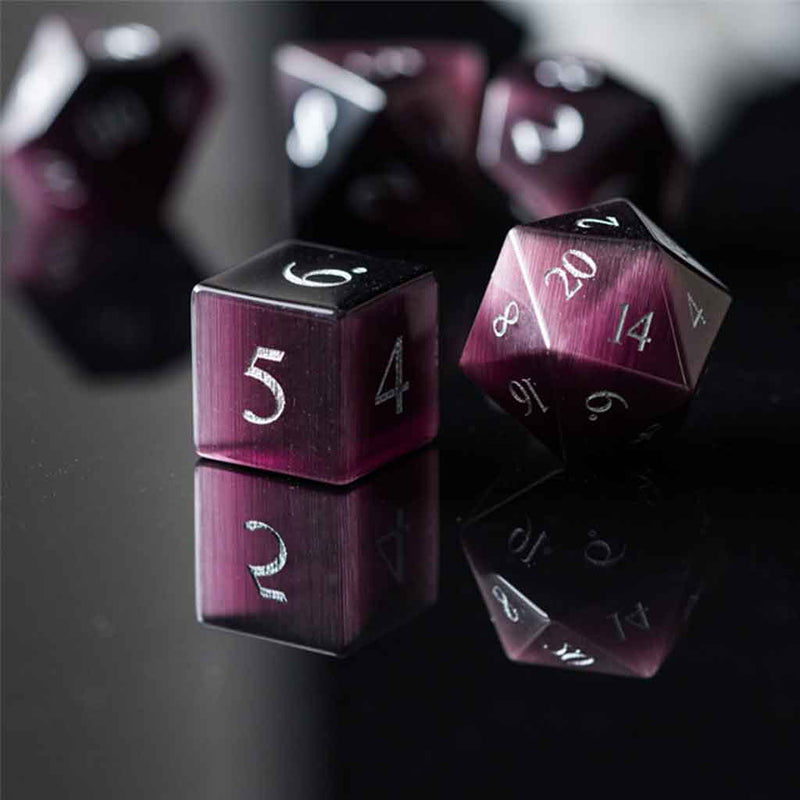 Rogues Dream - Purple Cats Eye Gemstone Dice Set & Dice Case - Bea DnD Games
