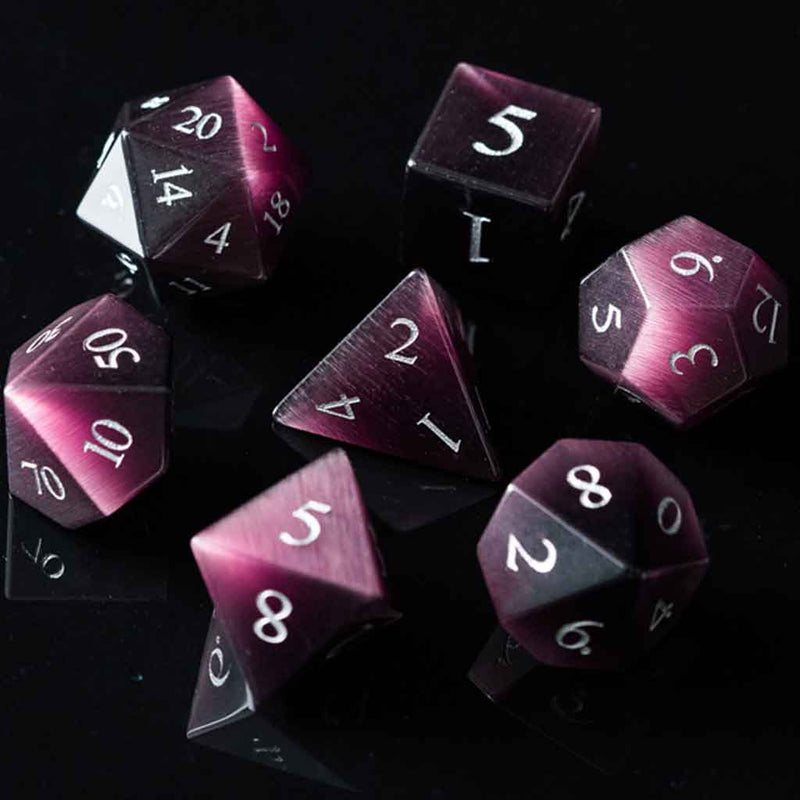 Rogues Dream - Purple Cats Eye Gemstone Dice Set & Dice Case - Bea DnD Games