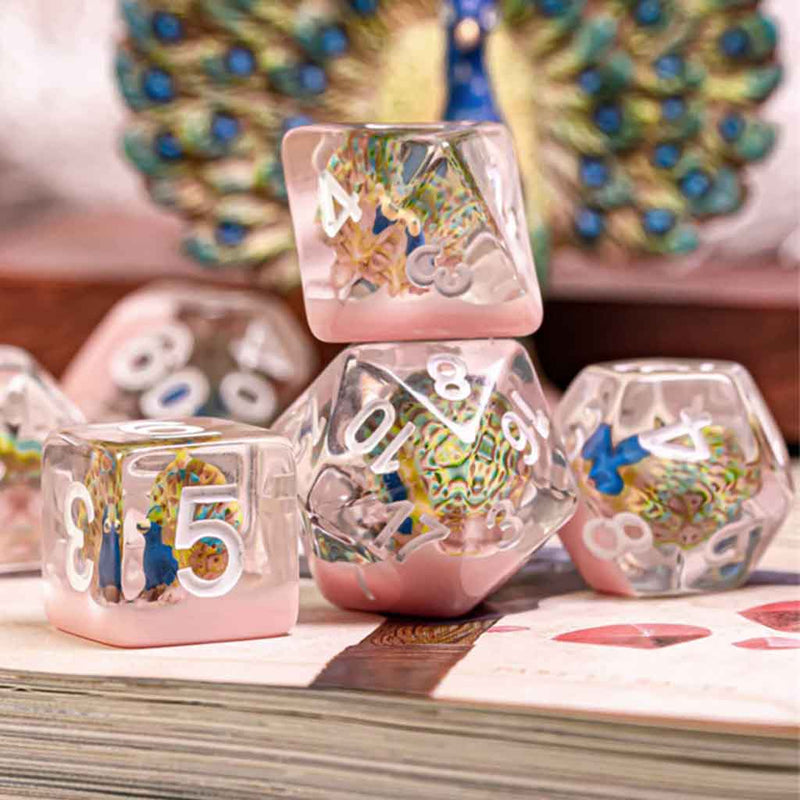 Royal Peacock - 7 Piece Polyhedral Dice Set + Dice Bag - Bea DnD Games