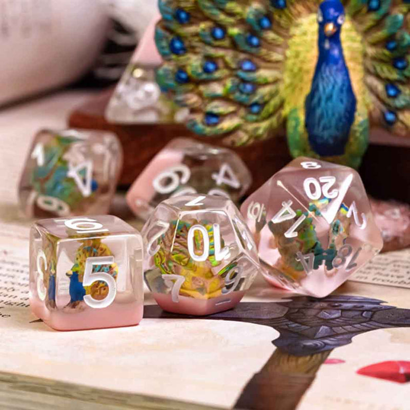 Royal Peacock - 7 Piece Polyhedral Dice Set + Dice Bag - Bea DnD Games