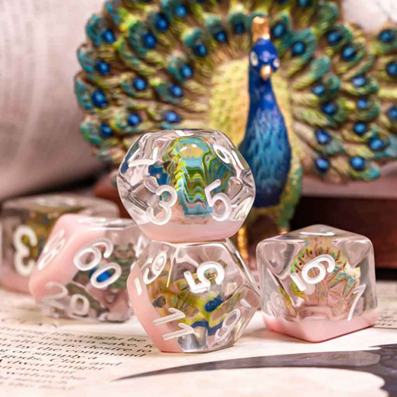 Royal Peacock - 7 Piece Polyhedral Dice Set + Dice Bag - Bea DnD Games
