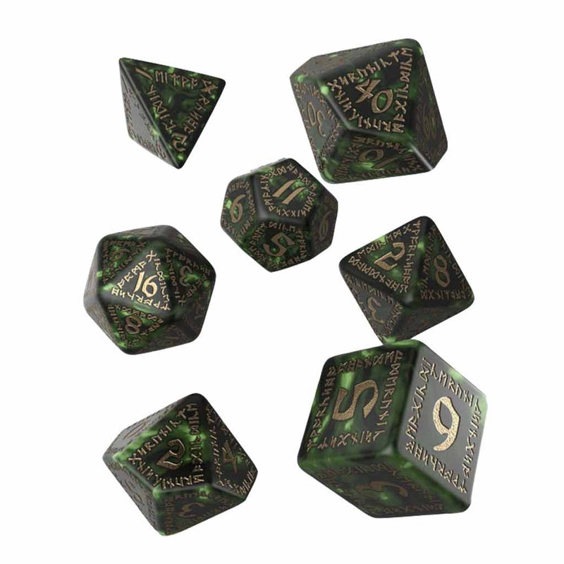 Runic Bottle Green & Gold 7pc Polyhedral Dice Set by Q Workshop - Bea DnD Games