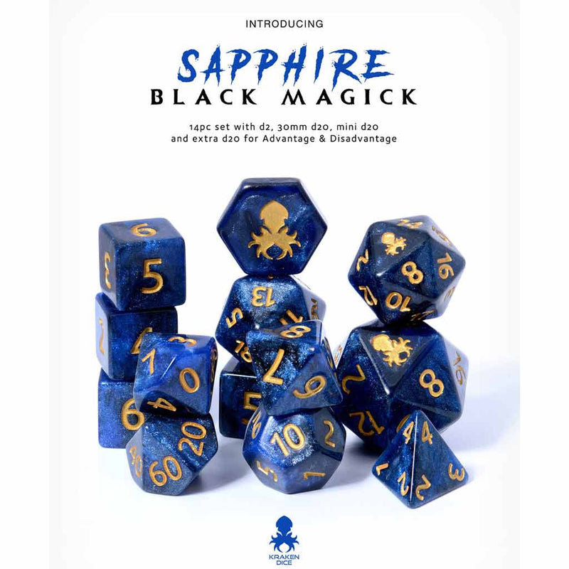 Sapphire Black Magic 14pc Dice Set by Kraken Dice + Dice Bag - Bea DnD Games