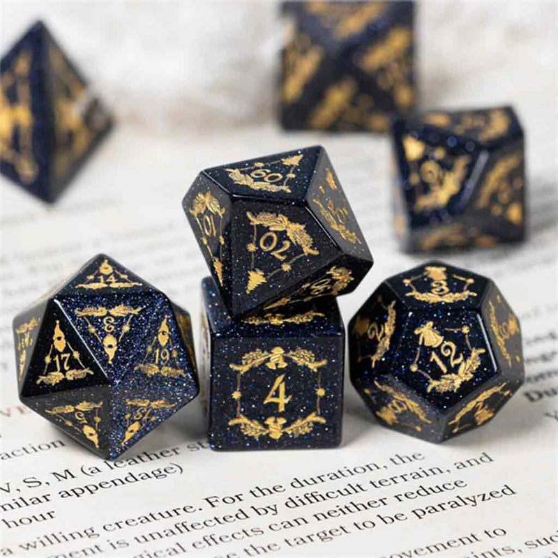 Saturnalia Handcrafted Blue Goldstone Dice Set & Dice Case - Bea DnD Games