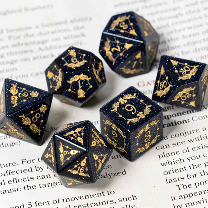 Saturnalia Handcrafted Blue Goldstone Dice Set & Dice Case - Bea DnD Games