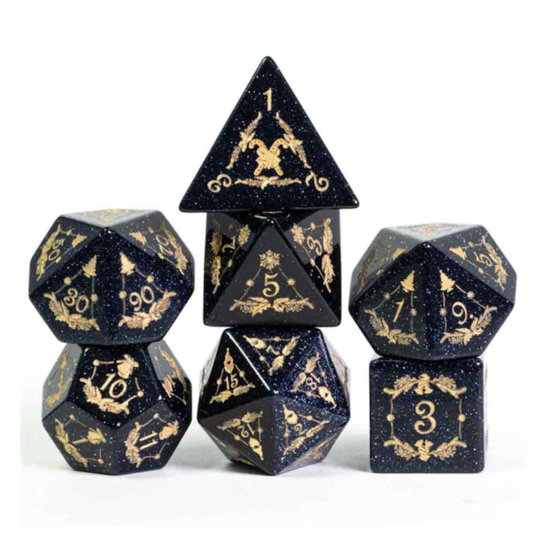 Saturnalia Handcrafted Blue Goldstone Dice Set & Dice Case - Bea DnD Games