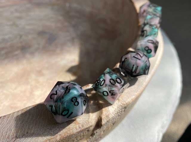 Seafoam & Sakura New Zealand Made Handcrafted Dice Set by Tui Dice - Bea DnD Games