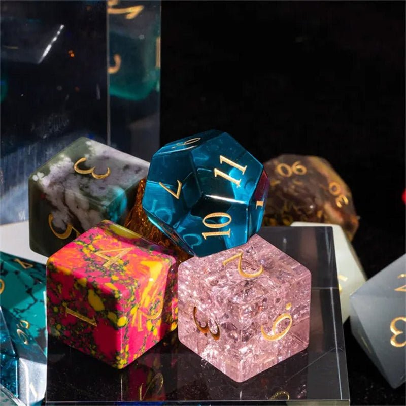 Set of 7 Random Handcrafted Glass Dice & Dice Case - Bea DnD Games
