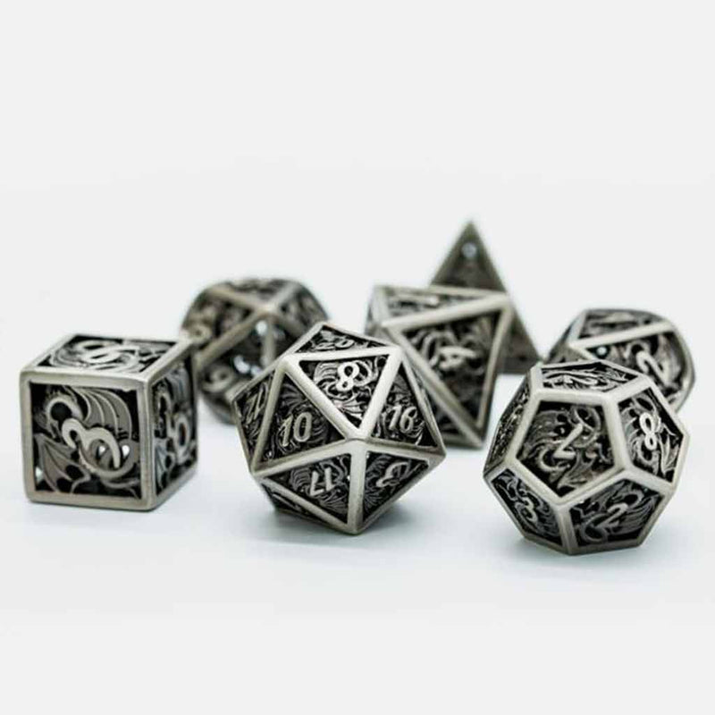 Shadow Dragon 7 Piece Hollow Metal Polyhedral Dice Set & Dice Case - Bea DnD Games