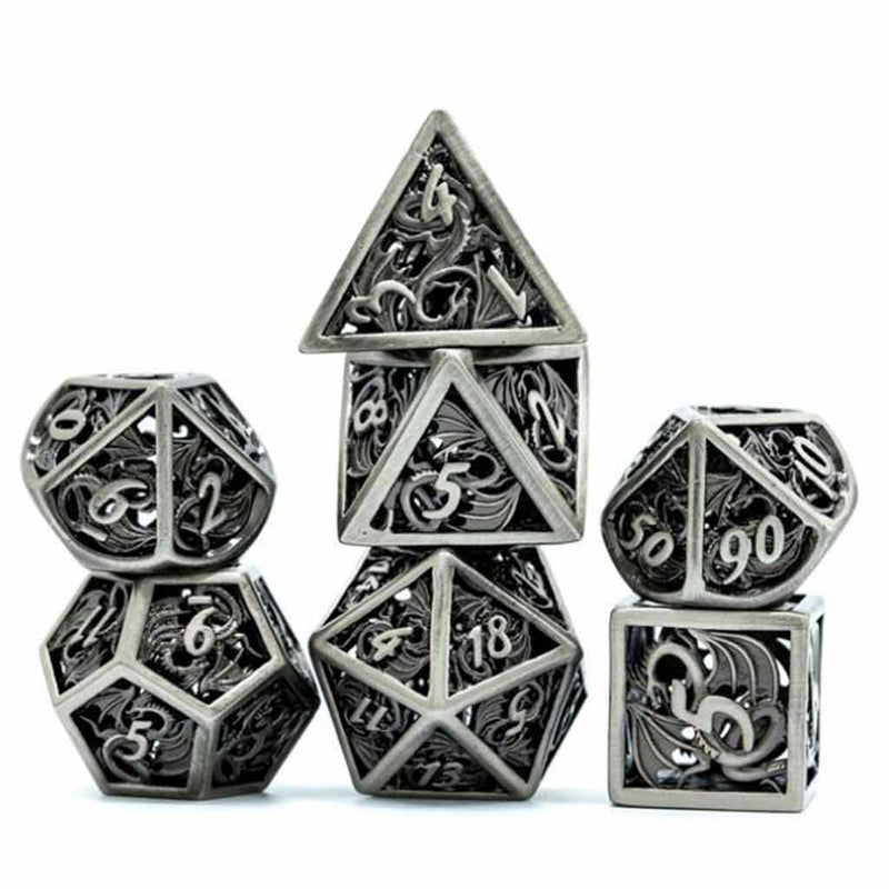 Shadow Dragon 7 Piece Hollow Metal Polyhedral Dice Set & Dice Case - Bea DnD Games