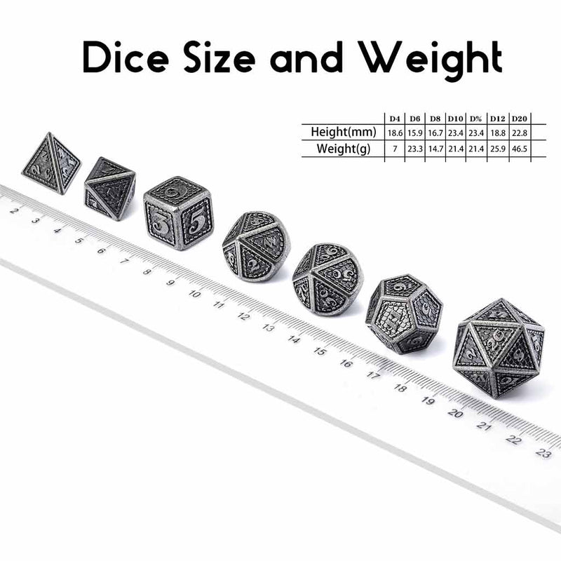 Silver Dragon 7 Piece Metal Polyhedral Dice Set & Dice Case - Bea DnD Games