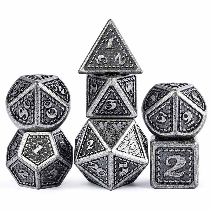 Silver Dragon 7 Piece Metal Polyhedral Dice Set & Dice Case - Bea DnD Games