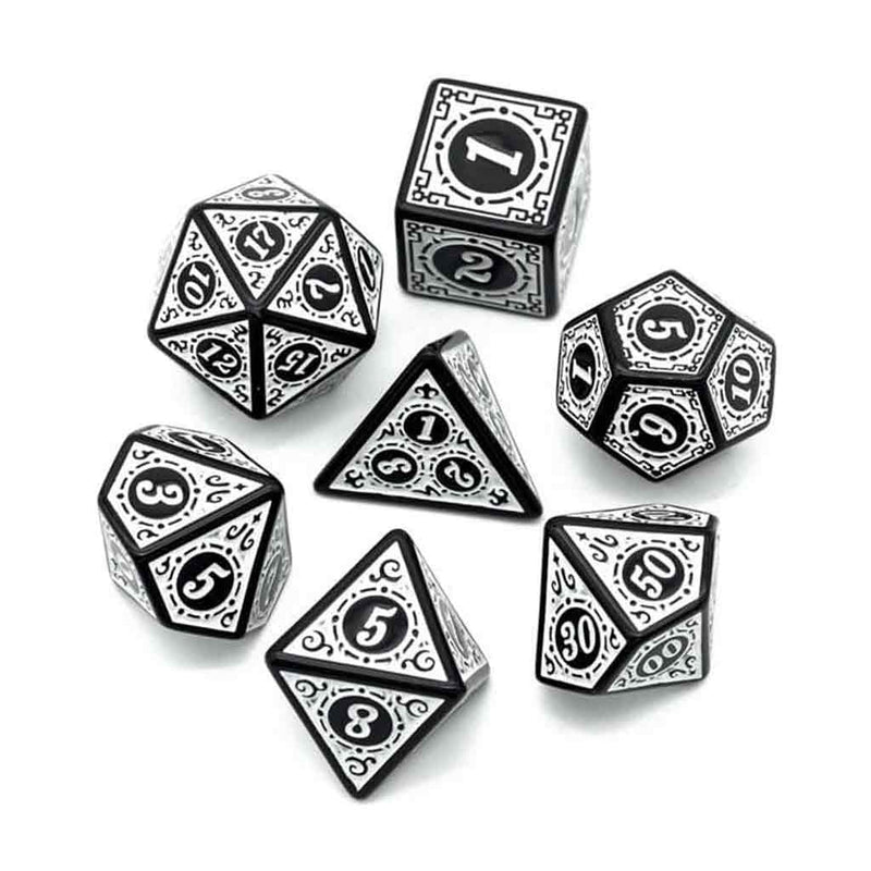 Silver Screen - 7 Piece Polyhedral Dice Set + Dice Bag - Bea DnD Games