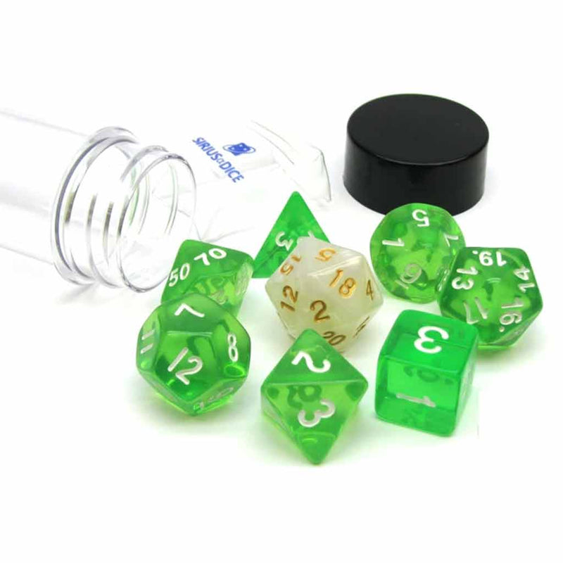 Sirius Dice Translucent Green 8 Piece Polyhedral Dice Set - Bea DnD Games