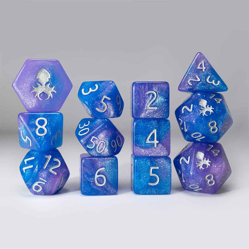 Sky Bridle 12 Piece Dice Set with Silver Ink + Dice Bag (Kraken Dice) - Bea DnD Games
