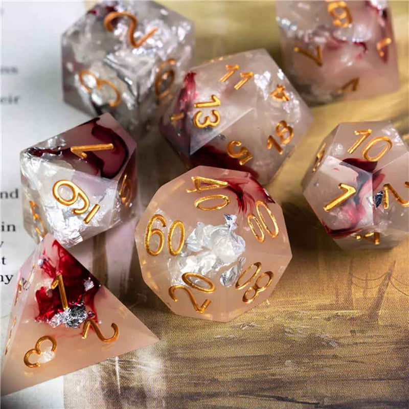 Snow White, Rose Red Handcrafted Sharp Edge Dice Set & Dice Case - Bea DnD Games