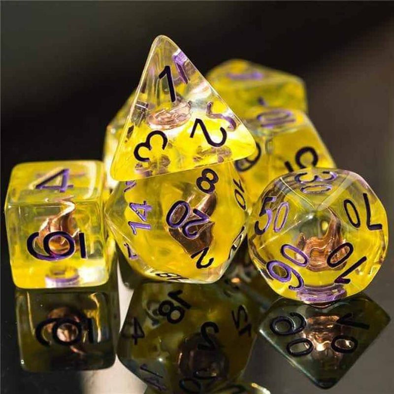 Sorcerer's Fire - 7 Piece Polyhedral Dice Set + Dice Bag - Bea DnD Games