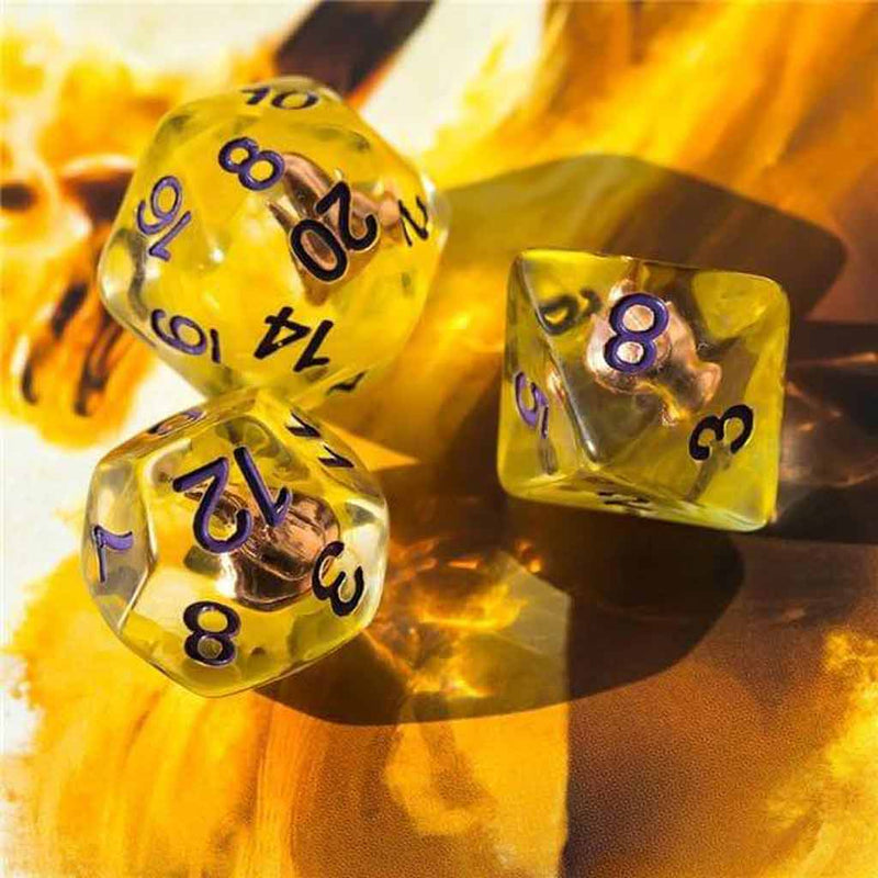 Sorcerer's Fire - 7 Piece Polyhedral Dice Set + Dice Bag - Bea DnD Games