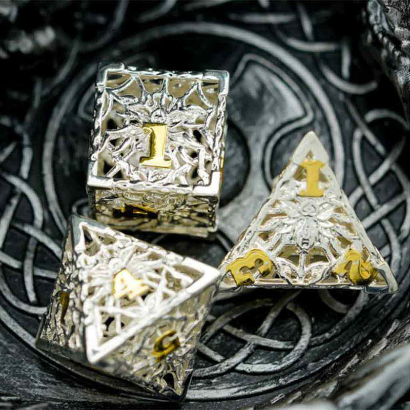Spider Queen 7 Piece Hollow Metal Polyhedral Dice Set & Dice Case - Bea DnD Games