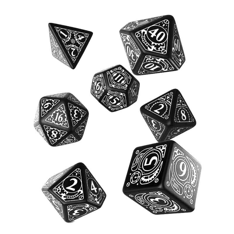 Steampunk (Black and White) 7pc polyhedral dice set by Q Workshop - Bea DnD Games