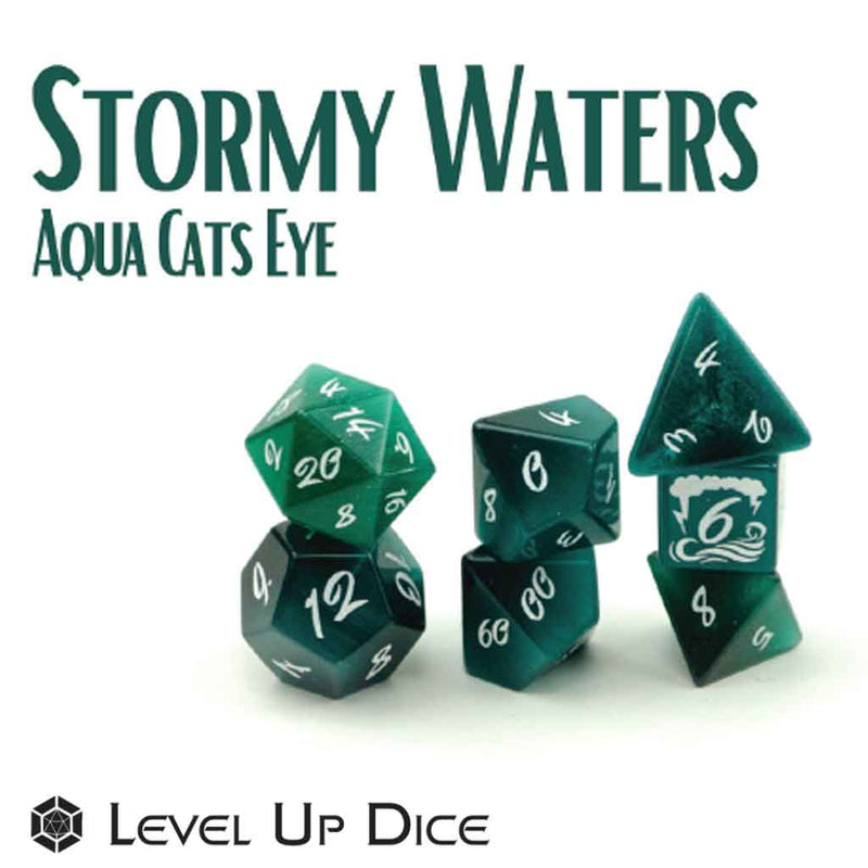 'Stormy Waters' - Aqua Cats Eye Handcrafted Gemstone Dice by Level Up Dice - Bea DnD Games