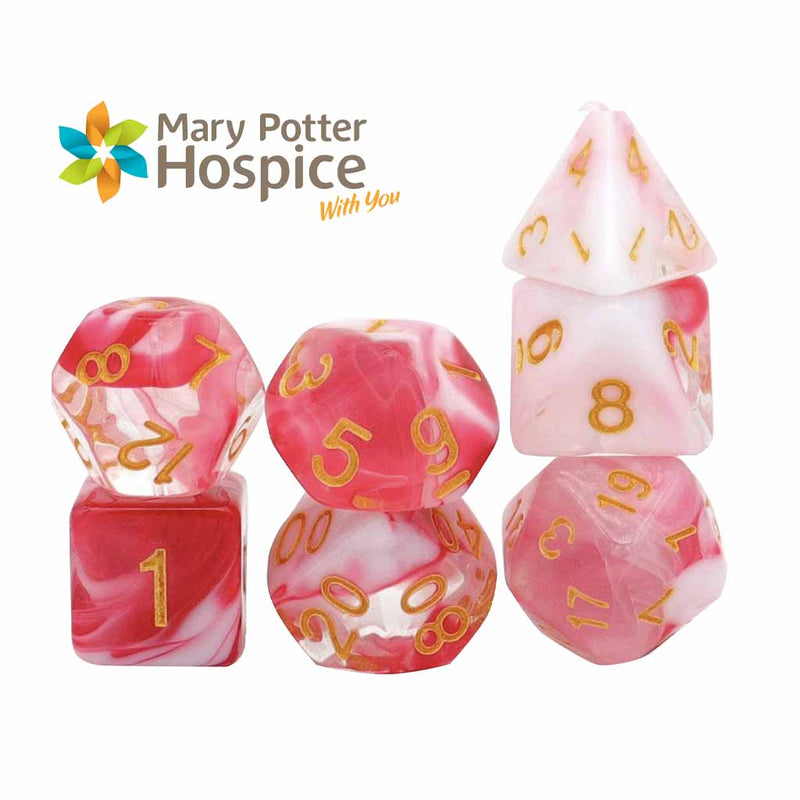 Strawberry Smoothie Dice - SUPPORT MARY POTTER HOSPICE $5 donated each sale 7 Piece Polyhedral Dice Set + Dice Bag - Bea DnD Games