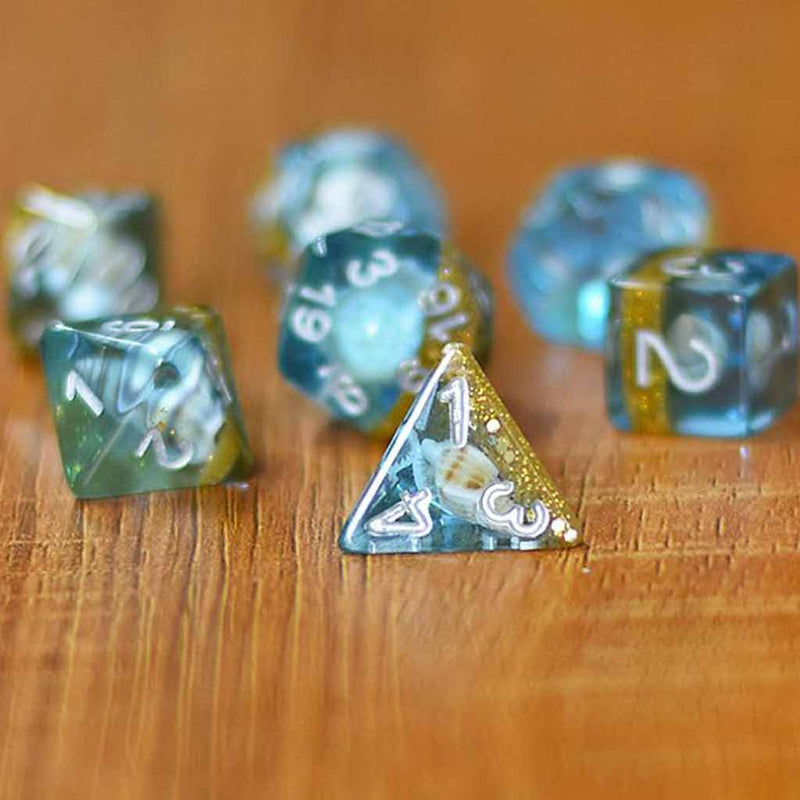 Sunken Treasure - 7 Piece Polyhedral Dice Set + Dice Bag - Bea DnD Games