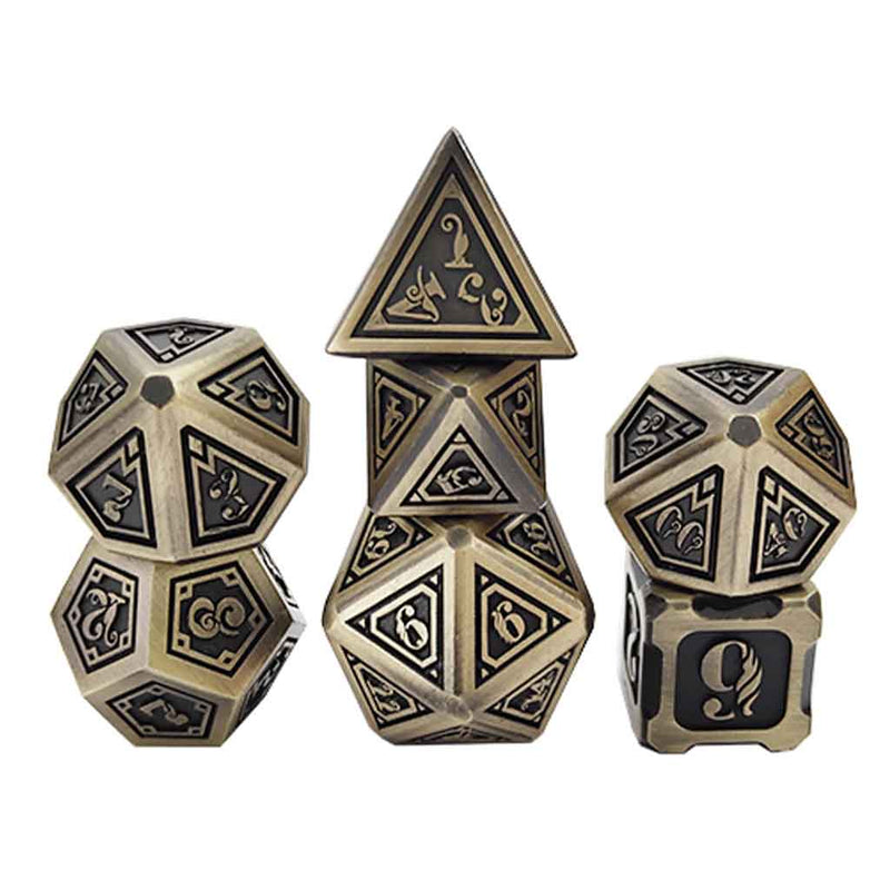 The Ancient Temple 7 Piece Metal Polyhedral Dice Set & Dice Case - Bea DnD Games