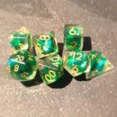 The Green Goldie Ones- 7 Piece Polyhedral Dice Set + Dice Bag - Bea DnD Games