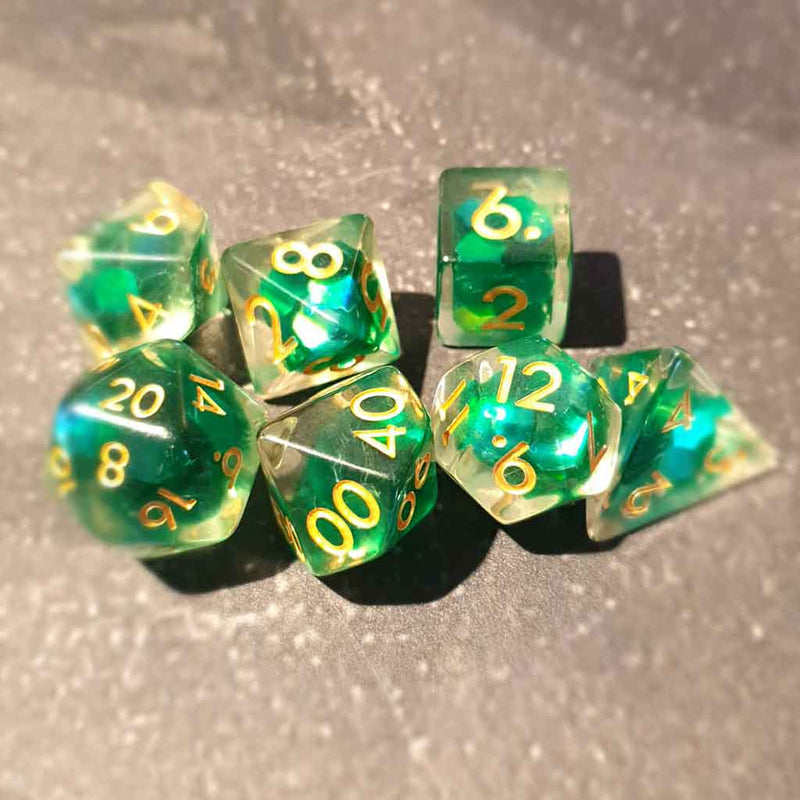 The Green Goldie Ones- 7 Piece Polyhedral Dice Set + Dice Bag - Bea DnD Games