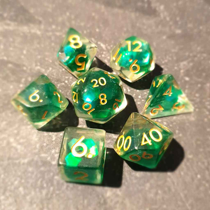 The Green Goldie Ones- 7 Piece Polyhedral Dice Set + Dice Bag - Bea DnD Games