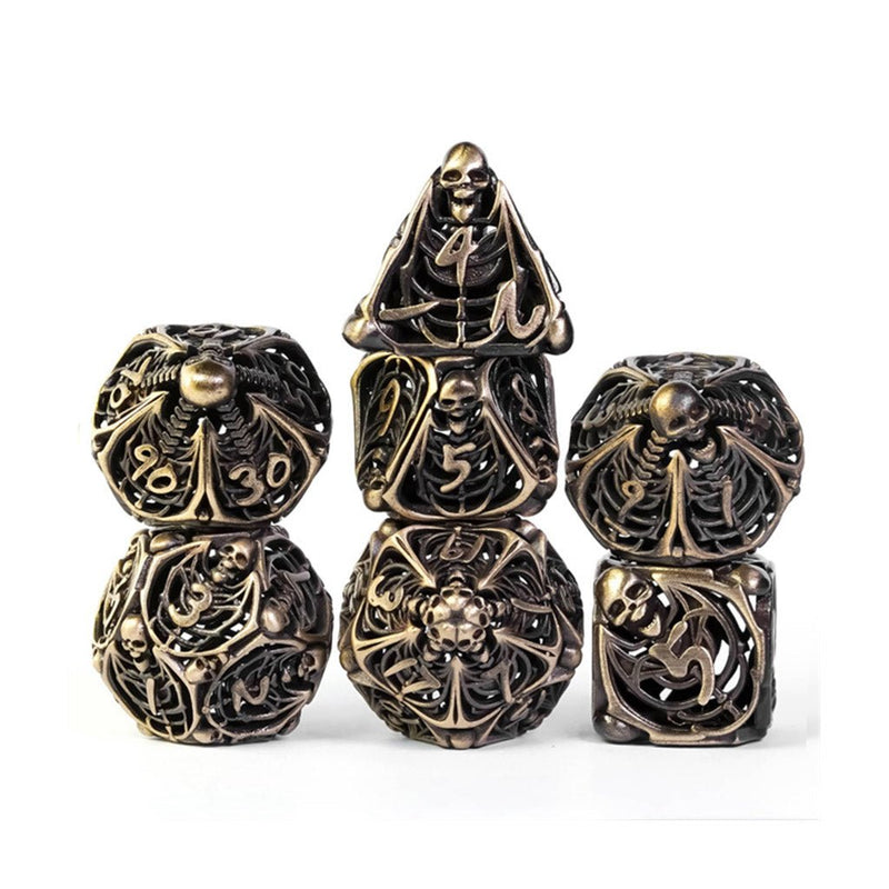 The Rolling Bones 7 Piece Hollow Metal Polyhedral Dice Set & Dice Case - Bea DnD Games