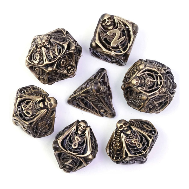 The Rolling Bones 7 Piece Hollow Metal Polyhedral Dice Set & Dice Case - Bea DnD Games