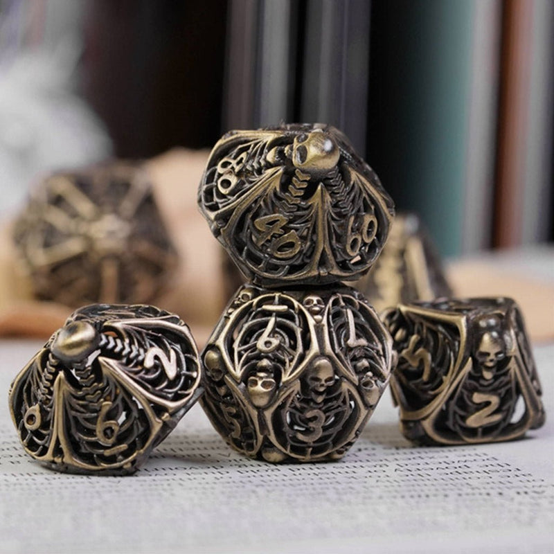 The Rolling Bones 7 Piece Hollow Metal Polyhedral Dice Set & Dice Case - Bea DnD Games