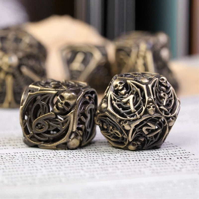 The Rolling Bones 7 Piece Hollow Metal Polyhedral Dice Set & Dice Case - Bea DnD Games