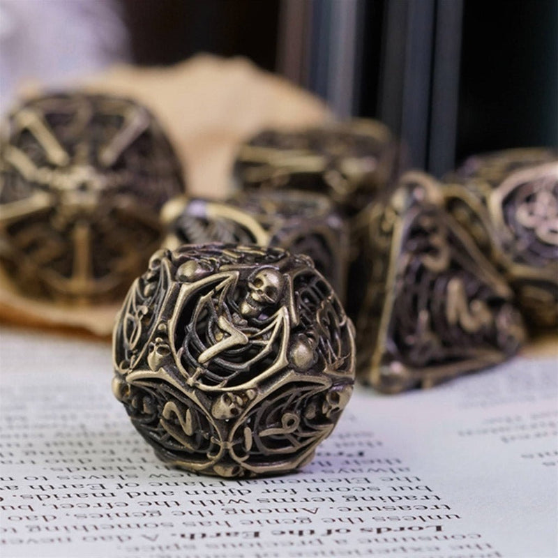 The Rolling Bones 7 Piece Hollow Metal Polyhedral Dice Set & Dice Case - Bea DnD Games