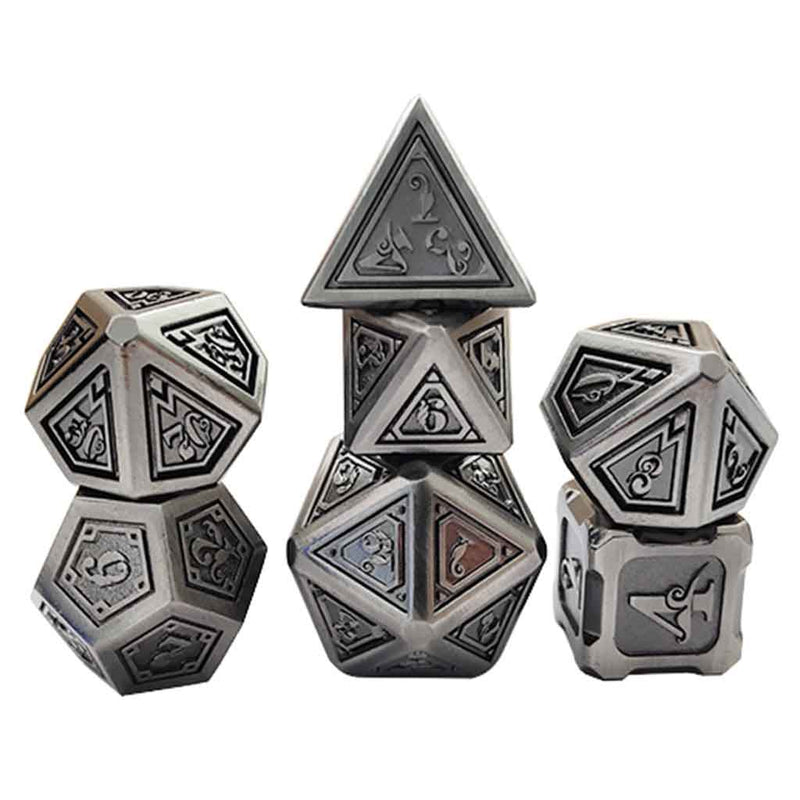 The Silver Temple 7 Piece Metal Polyhedral Dice Set & Dice Case - Bea DnD Games