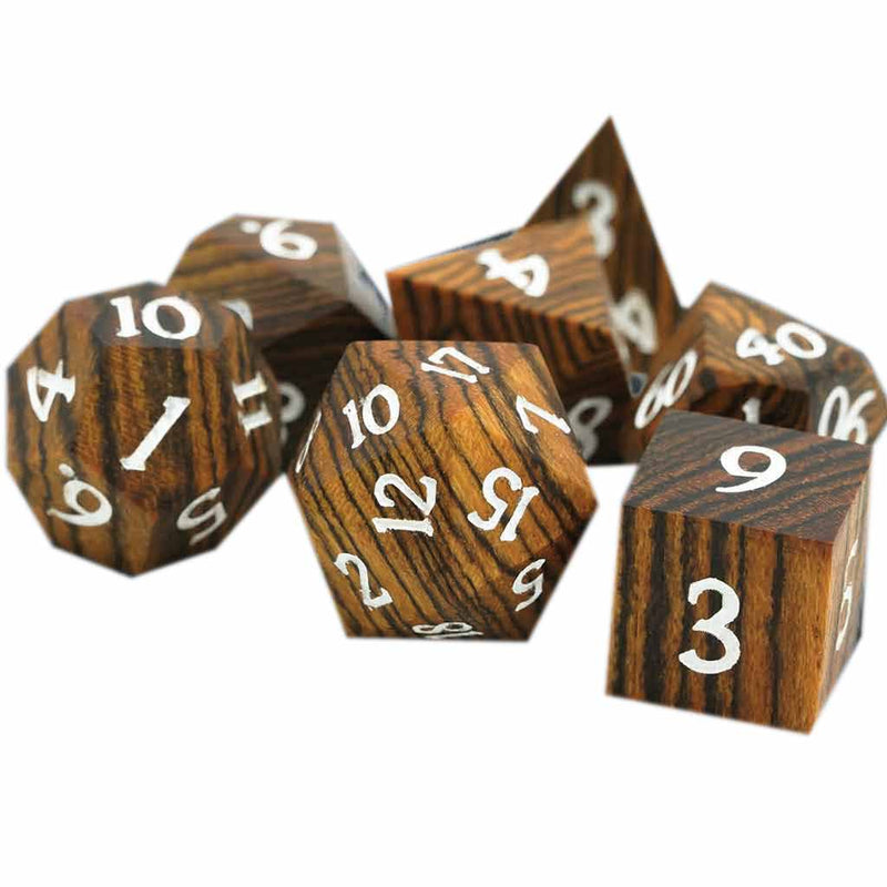 Treants Heartwood - Handmade 7 Piece Wooden Polyhedral Dice Set + Dice Case - Bea DnD Games