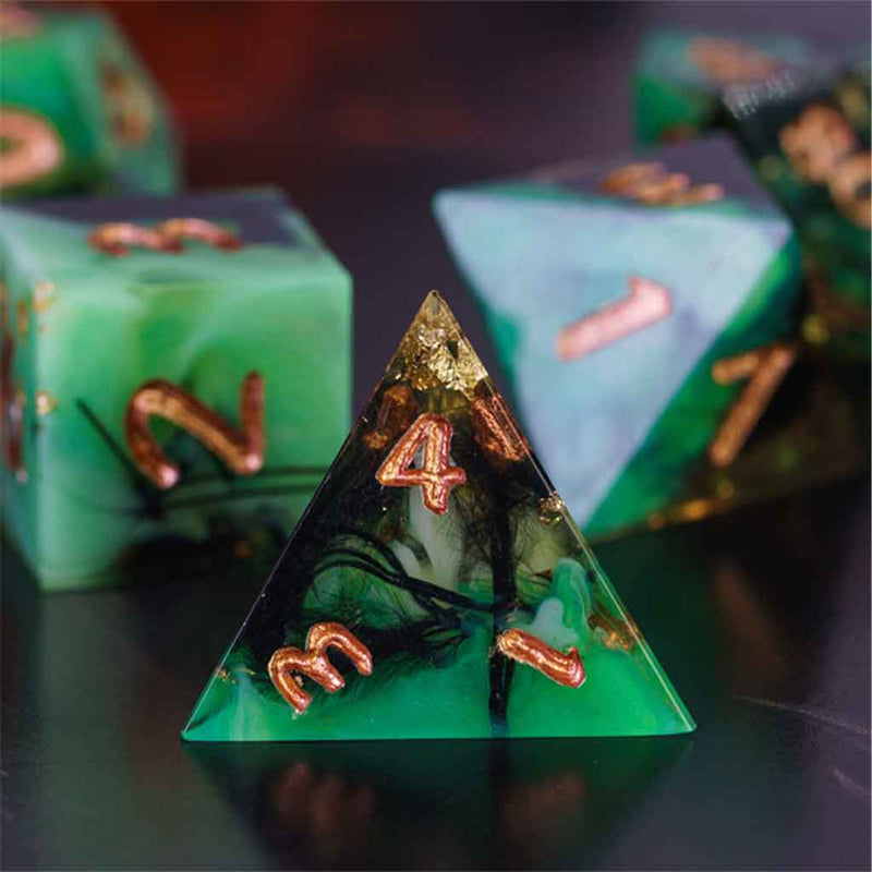 Treasure of the Swamp Witch Handcrafted Sharp Edge Dice Set & Dice Case - Bea DnD Games