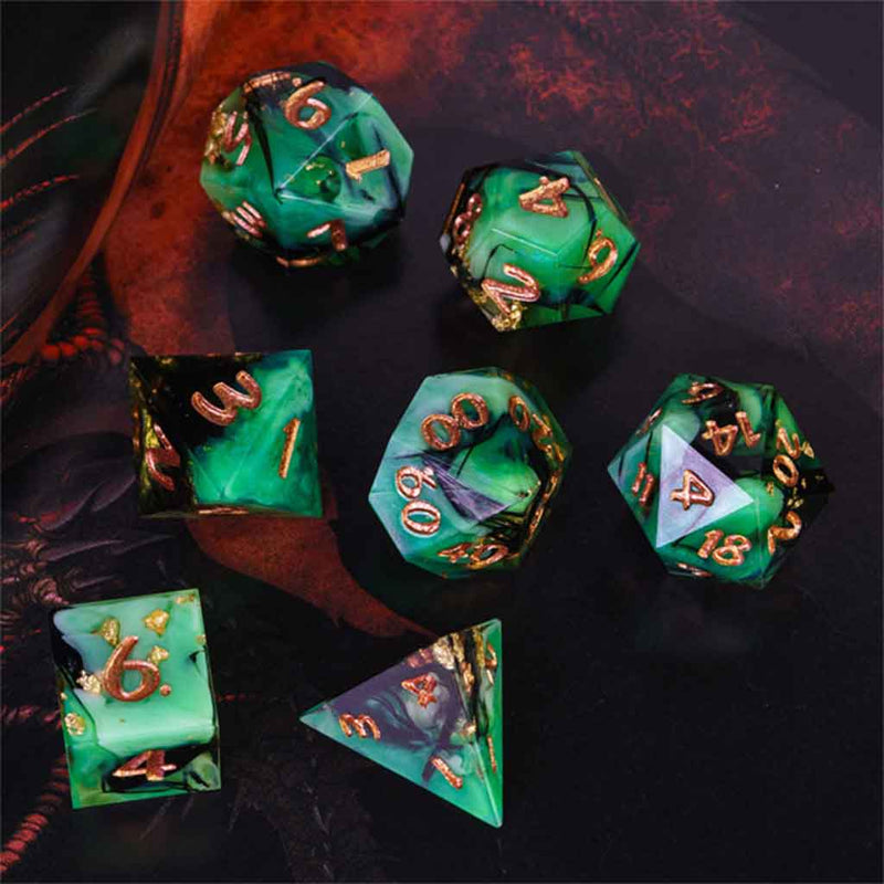 Treasure of the Swamp Witch Handcrafted Sharp Edge Dice Set & Dice Case - Bea DnD Games