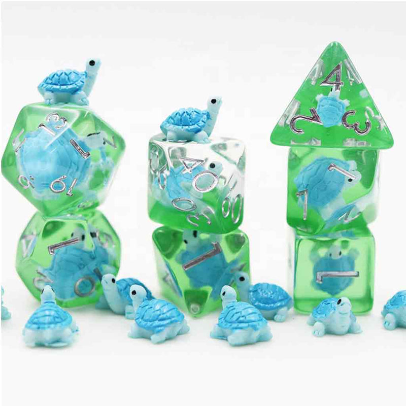 Turtle Dude - 7 Piece Polyhedral Dice Set + Dice Bag - Bea DnD Games