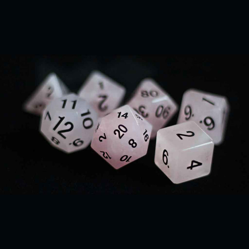Unconditional Love Handcrafted Rose Quartz Dice Set & Dice Case - Bea DnD Games