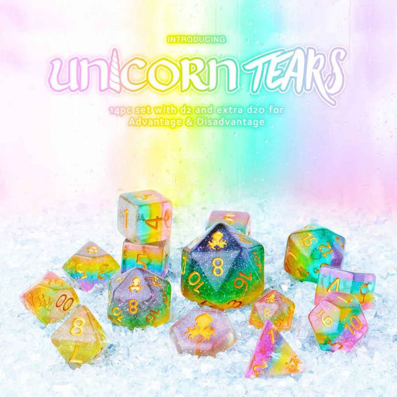 Unicorn Tears 14pc Dice Set by Kraken Dice + Dice Bag - Bea DnD Games