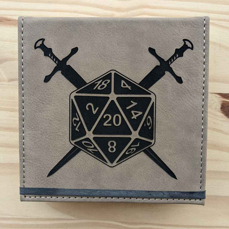 Vegan Leather North to South Designs Dice Case (Grey with Dice and Swords) - Bea DnD Games