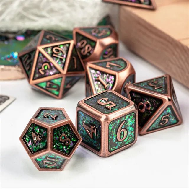 'Very Cool Dice' 7 Piece Metal Polyhedral Dice Set & Dice Case - Bea DnD Games